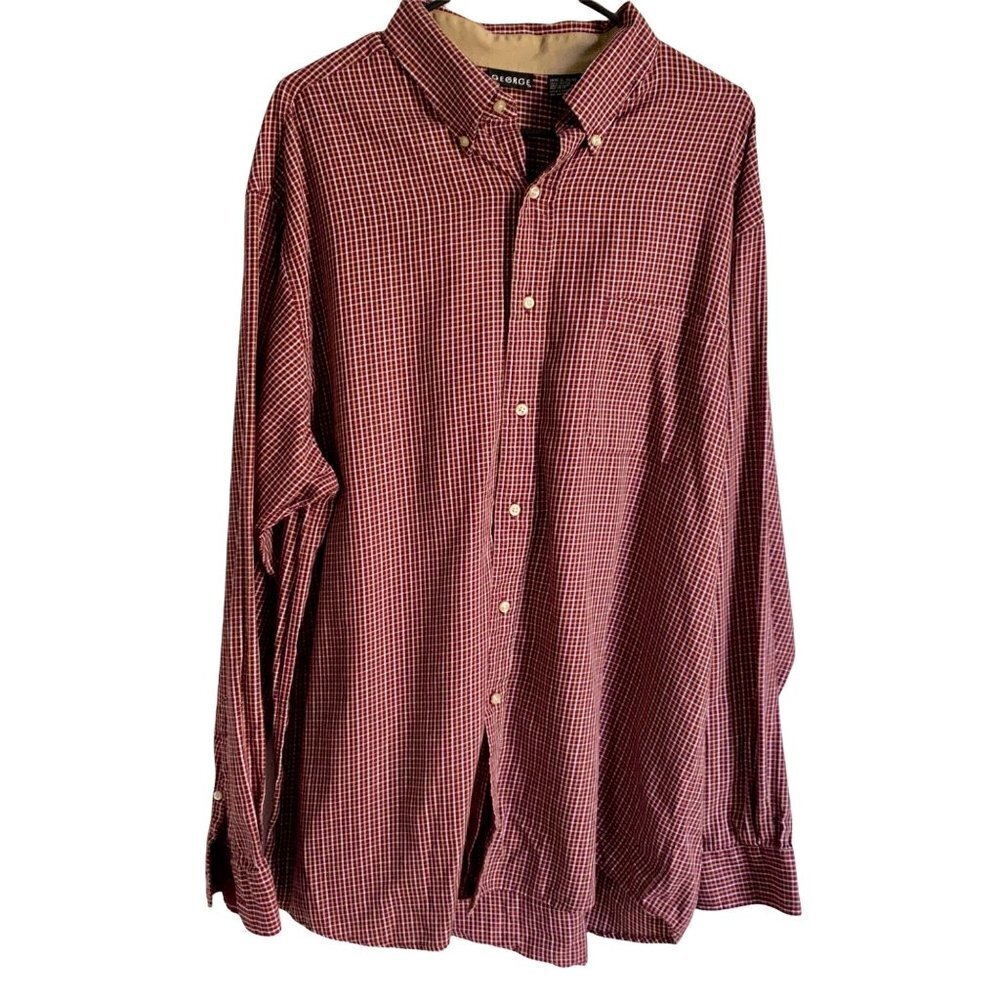 George Long Sleeve Rust White Tan Cotton Button Down Shirt Mens XL